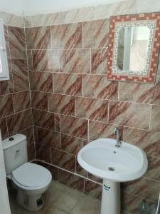 ein Badezimmer mit einem Waschbecken, einem WC und einem Spiegel in der Unterkunft Venus house15 in Raoued