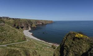 an aerial view of the ocean and a beach at Clifftop Cottage in Arbroath