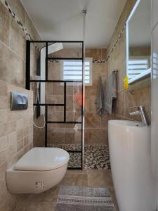 a bathroom with a toilet and a glass shower at Jacuzzi, Sauna, Piscine et Magnifique Vue sur la Mer ! Vivez le Luxe de la Dépendance de la Villa Nadia in Le Diamant
