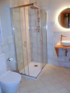 La salle de bains est pourvue d'une douche, de toilettes et d'un lavabo. dans l'établissement OLBLANC Plaza de España by Batuecas, à Madrid