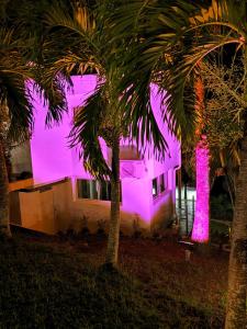 a purple building with palm trees in front of it at Jacuzzi, Sauna, Piscine et Magnifique Vue sur la Mer ! Vivez le Luxe de la Dépendance de la Villa Nadia in Le Diamant