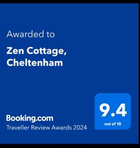 Ett certifikat, pris eller annat dokument som visas upp på Zen Cottage, Cheltenham