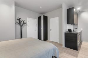 Habitación blanca con cama y cocina en Cozy apartment downtown, en Reikiavik