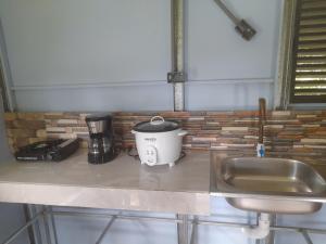 a slow cooker sitting on a counter next to a sink at Chava Camping Rio Celeste in Rio Celeste