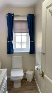 a bathroom with a toilet and a window with blue curtains at midsummer cottage in Kirby Misperton