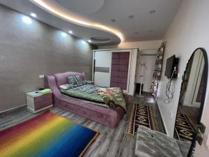 een slaapkamer met een paarse bank en een regenboog tapijt bij احمد عرابي المهندسين in Caïro