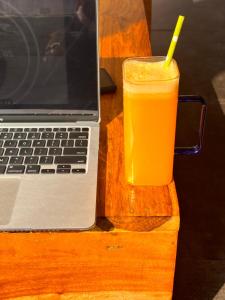 a glass of orange juice next to a laptop computer at Sailani Lostels in Rishīkesh