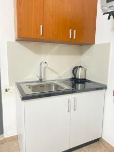 a kitchen counter with a sink and wooden cabinets at Ajsi Apartments in Durrës