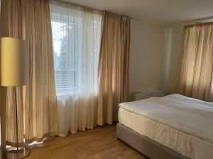 a bedroom with a bed and a large window at Festa Chamkoria Apartments in Borovets