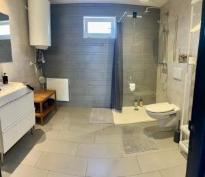 y baño con ducha, aseo y lavamanos. en Casa Clementine - Boutique Guesthouse en Veldhoven