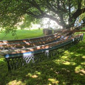 a park bench sitting in the grass under a tree at TeePee OPPIDUM Praha-MotoFamily in Lhota