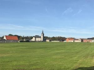 a large green field with a church in the background at Ferme de la Porte Rouge in Andenne +7 photos