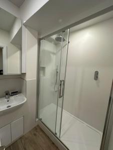 W łazience znajduje się prysznic i umywalka. w obiekcie Parnell Apartments w Dublinie