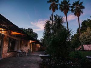 a brick house with palm trees and a patio at Palms Lodge in Kroonstad