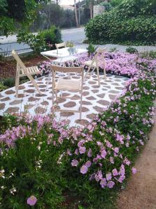 two benches sitting in a garden with flowers at Mear Holiday Homes - Cretan Summer Getaways in Kountoura Selino