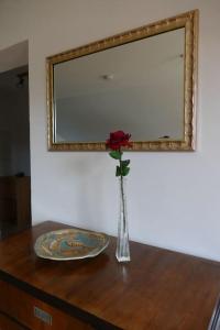 a rose in a vase on a table with a plate and a mirror at Bushof - Leben auf dem Land in Sulzbach an der Murr