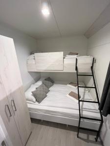 um pequeno quarto com um beliche e uma escada em Getaway Mobile Home em Drage