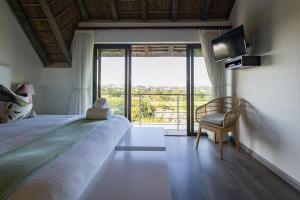 1 dormitorio con 1 cama, TV y ventana en St Francis Golf Lodge, en St Francis Bay