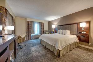 a hotel room with a large bed and a desk at Hampton Inn & Suites By Hilton - Rockville Centre in Rockville Centre