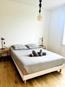 łóżko z dwoma poduszkami w sypialni w obiekcie Le Nobel Orvault 2pers w mieście Orvault