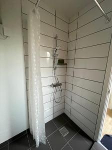 a shower with a shower curtain in a bathroom at KragenæsHus in Torrig +36 photos
