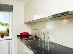 uma cozinha com um lavatório e uma bancada em Hiidbloom-Hüs von Appartements & Mehr em Kampen
