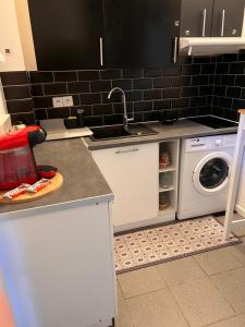 een keuken met een wastafel en een wasmachine bij Cosy in Ivry-sur-Seine