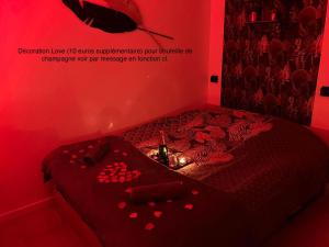 Cette chambre rouge comprend un lit avec des cœurs. dans l'établissement Dépendance privative et indépendante Le Cocon, à Montgeron