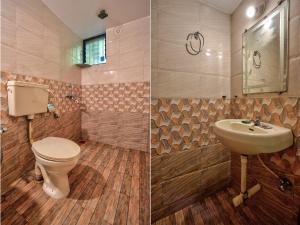 Duas fotografias de uma casa de banho com WC e lavatório. em Oceanside Beach House-By Roseal em Baga