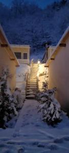 a stairway leading to a building in the snow at night at Bungalow Casa Corbilor in Stăneşti