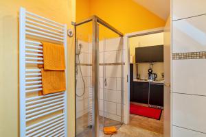 a small bathroom with a shower and a kitchen at Schusterjunge Aparthotel A4 in Sasbachwalden
