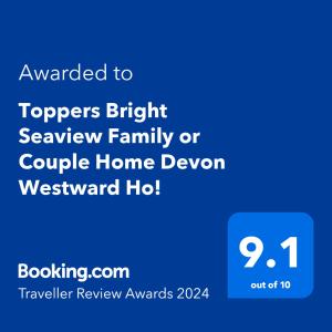 Сертификат, награда, табела или друг документ на показ в Toppers Bright Seaview Family or Couple Home Devon Westward Ho!