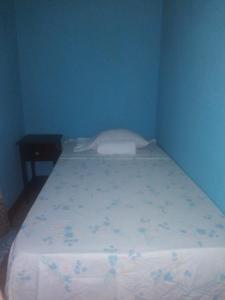 Cama en habitación con pared azul en Kingston Airport bed and breakfast, en Kingston