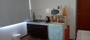 eine kleine Küche mit einer Spüle und einer Mikrowelle in der Unterkunft Lo de Cacho in Junín
