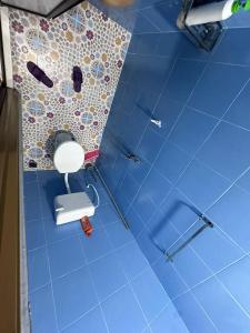 ein blau gefliestes Bad mit einem weißen WC in der Unterkunft WAJA HOMESTAY in Kampong Pengkalan Nyireh