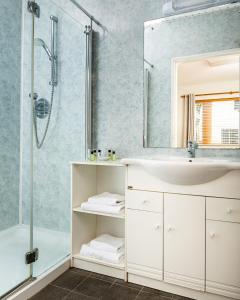 La salle de bains est pourvue d'un lavabo et d'une douche. dans l'établissement The Oystercatcher Lodge Guest House, à Carlingford