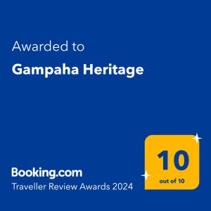 Сертификат, награда, табела или друг документ на показ в Gampaha Heritage
