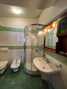 un bagno con doccia, lavandino e WC di Hotel Togo Monte Terminillo a Terminillo