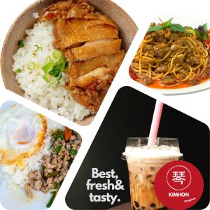 kolaż czterech zdjęć jedzenia i picia w obiekcie Chubby 9 Room 7 w mieście Bangkok