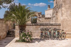 a group of bikes parked against a wall with flowers at Masseria Torrelonga in Fasano