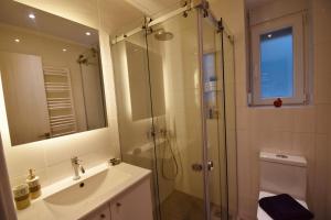 Un baño con ducha, lavabo e inodoro. en Zarmine Villa, en Parga 67 fotos más