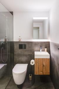 W łazience znajduje się toaleta, umywalka i prysznic. w obiekcie Bijou Lake Side - mit Seesicht und Privatstrand w mieście Faulensee