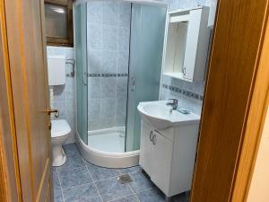 a bathroom with a shower and a sink and a toilet at Oaza mira planinska kuca Goc Vrnjacka Banja in Vrnjačka Banja