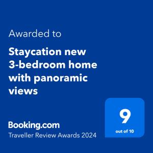 Chứng chỉ, giải thưởng, bảng hiệu hoặc các tài liệu khác trưng bày tại Staycation 3-bedroom home with panoramic views free off road parking