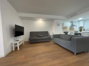 ein Wohnzimmer mit Couch und Fernseher in der Unterkunft Apartamentos Canet al Mar. in Canet d'en Berenguer