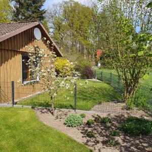 a fence in front of a house with a tree at Studioferienhaus Herzogstadt-Celle in Celle