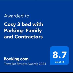 a blue text box with the words packaged to cos bed with parking family at Cosy 3 bed with Parking- Family and Contractors in Birmingham