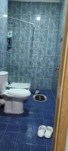 a bathroom with a toilet and a shower with slippers at Apartment Center Tirana in Tirana +28 photos