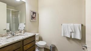 a bathroom with a sink and a toilet and a mirror at Landing Modern Apartment with Amazing Amenities (ID1178X938) in Omaha