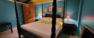 a bedroom with a four poster bed and blue walls at Tillett Gardens Guest House & Hostel in St Thomas